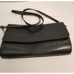 Vintage Black Faux Crocodile Embossed Patent Clutch Shoulder Bag Gold Hardware